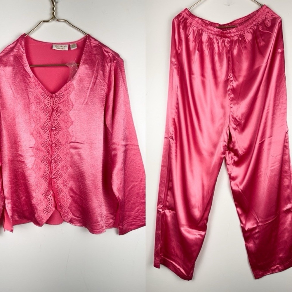 Vintage Victorias Secret Gold Label Large Pink Satin Pajama Set Lace Top Pants L